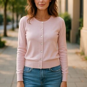 Karl Lagerfeld Paris Elegant Pink Button-Up Sweater with lace back sz S,#18